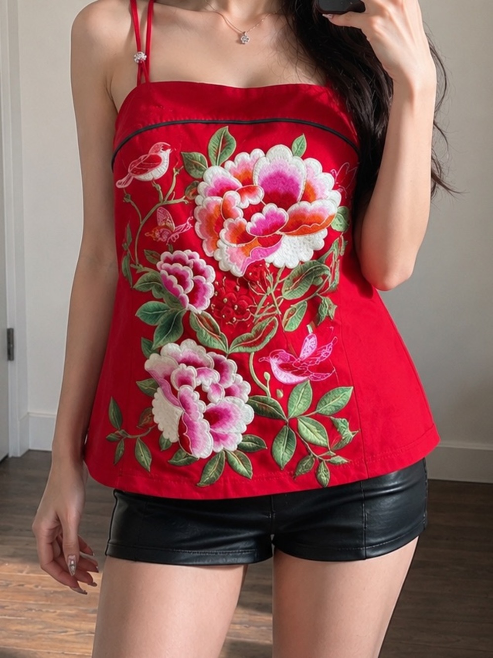 Floral Embroidered Red Tank Top